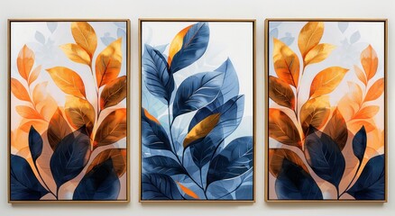 Golden and Blue Leaves Triptych Canvas Art