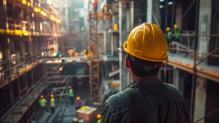 Engineer inspecting a building. Copy space. Building scene. Yellow hard hat