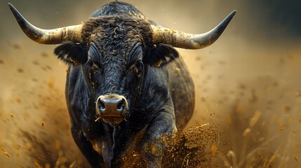 Charging bull kicking up dirt.