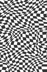 Obraz premium Distorted checkered background. Abstract black and white background. Chessboard surface with distortion effect. Abstract banner with distortion. Portrait orientation. Vector illustration.