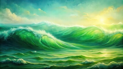 Obraz premium Abstract background with green waves and landscape painting, abstract, background, green, waves, landscape, painting, art