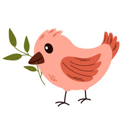 Cute bird holding autumn branch with leaves. Beautiful birdie standing with sprig of pretty plant. Colored flat vector illustration isolated on white background.