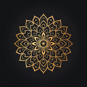 clean simple mandala one color gold on black background.