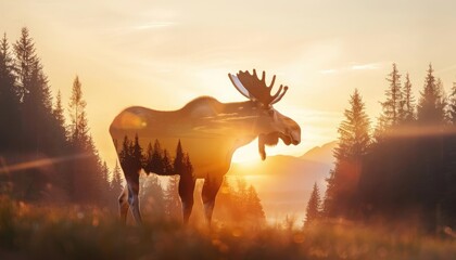 Double exposure of a majestic moose with a serene forest and mountain landscape background during sunset, creating a surreal nature scene.