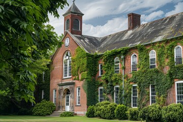 A traditional red brick building with ivy climbing its walls, adding a touch of green to the architecture, A traditional red brick school with a clock tower and ivy-covered walls