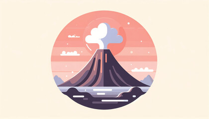 Obraz premium A flat illustration of a volcano with a cloud over the peak in a flat illustration style. The background should be empty and pastel in color, even lighting, flatlay