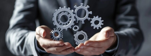 Businessman holding metallic gears in hands, symbolizing teamwork and collaboration. Industrial and corporate background for business strategy and mechanical engineering.