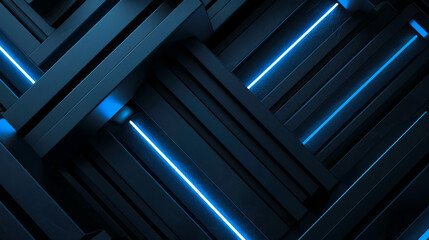 Obraz premium Wall with geometric shapes in blue and black colors. Geometric background with blue neon lighting.
