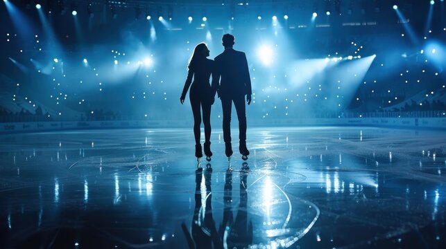 The grace and athleticism of the Olympic 2024 figure skating pairs, performing intricate lifts and spins on the ice, captivating the audience with their elegance