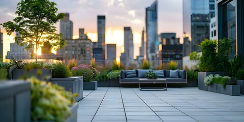Fototapeta premium Urban sanctuary Rooftop oasis with lush greenery, cozy seating, and stunning skyline views. Concept Rooftop Oasis, Urban Sanctuary, Lush Greenery, Cozy Seating, Stunning Skyline Views