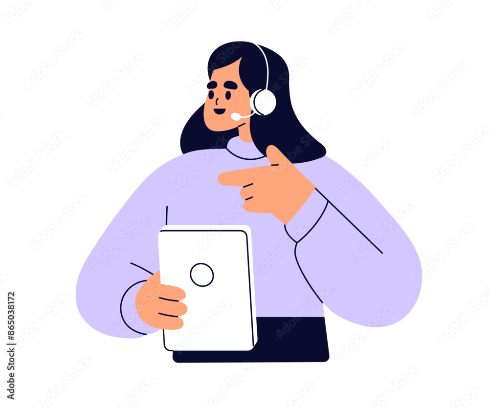 Poster Woman in headset from customer service support. Call center operator helping and consulting online. Internet consultant solving problems. Flat vector illustration isolated on white background