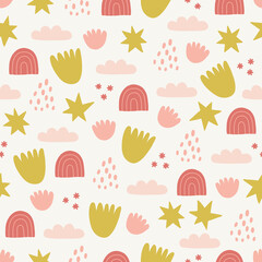 Seamless pattern with stars, clouds, rainbows and geometric shapes