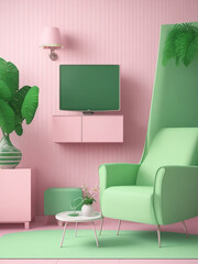 Pastel TV room with green armchair and decoration accessory- 3D rendering