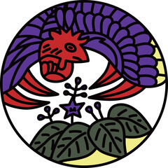 カラー円形シンプル花札　師走　桐　鳳凰　12月　桐に鳳凰