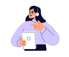 Woman in headset from customer service support. Call center operator helping and consulting online. Internet consultant solving problems. Flat vector illustration isolated on white background