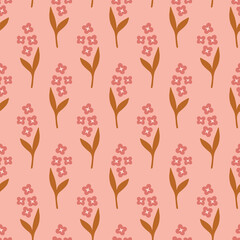 Retro seamless pattern with cute flowers on pink background