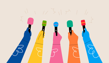 Hands holding microphones.  Journalism concept. Colorful vector illustration