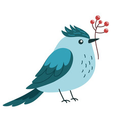 Cute bird holding branch with red autumn berries. Beautiful birdie standing with sprig of pretty plant. Colored flat vector illustration isolated on white background.
