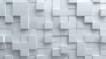 This image captures simple white 3D geometric shapes, forming a minimalist wall pattern of cubes and rectangles, focusing on clean lines and minimalism.