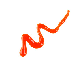 Line of liquid red hot Sriracha chili sauce isolated on white, top view, clipping path, PNG