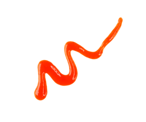 Line of liquid red hot Sriracha chili sauce isolated on white, top view, clipping path, PNG