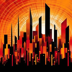 City Skyline in Sunlight with Abstract Design