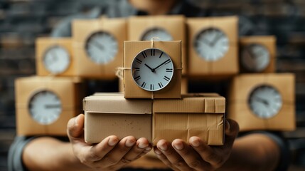 Still life man holding cardboard box with clock on symbolizing expedited delivery, deadline package fast on-time