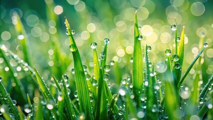 Fototapeta premium Macro shot of vibrant green grass blades covered in sparkling dew drops , verdant, nature, close-up, fresh, morning