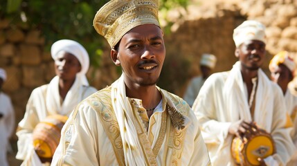 Eritrean man wearing traditional embroidered white cotton shirt golden headdress playing drum festival,