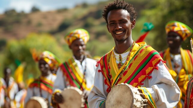 Group eritrean men in traditional clothing with one man playing drum others dancing smiling, East art Africa