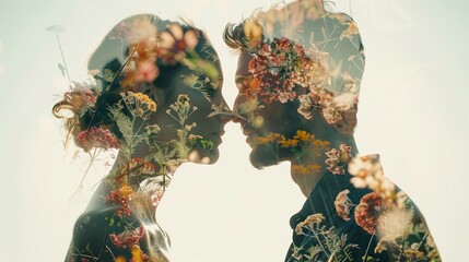 Double exposure man woman facing with flowers plants growing out heads, beauty couple creative