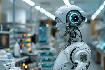 Fototapeta premium A robotic arm assembling a high-tech gadget on a production line, showcasing precision and speed in a modern factory setting.