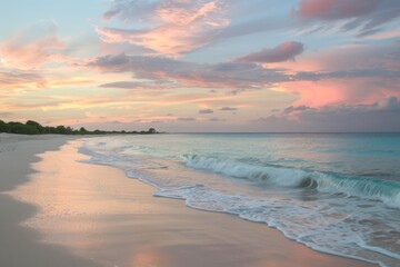 Fototapeta premium A beach scene with waves gently rolling onto the shore at sunset, creating a serene atmosphere, A tranquil beach at sunset, with pastel colors painting the sky and waves gently lapping at the shore