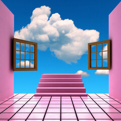 Cloudy Sky Dreamscape with Pink Floor and Staircase