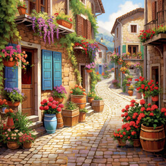 Naklejka premium Cobblestone Alley with Flower-Decorated Buildings