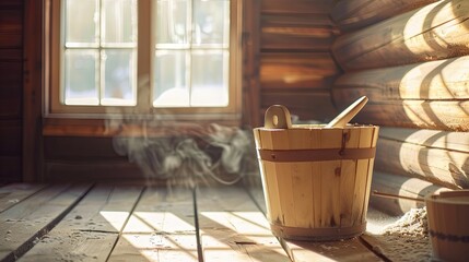 Wooden bucket in sauna for relaxation