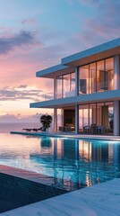 Fototapeta premium A modern villa with an infinity pool overlooking the ocean at sunset