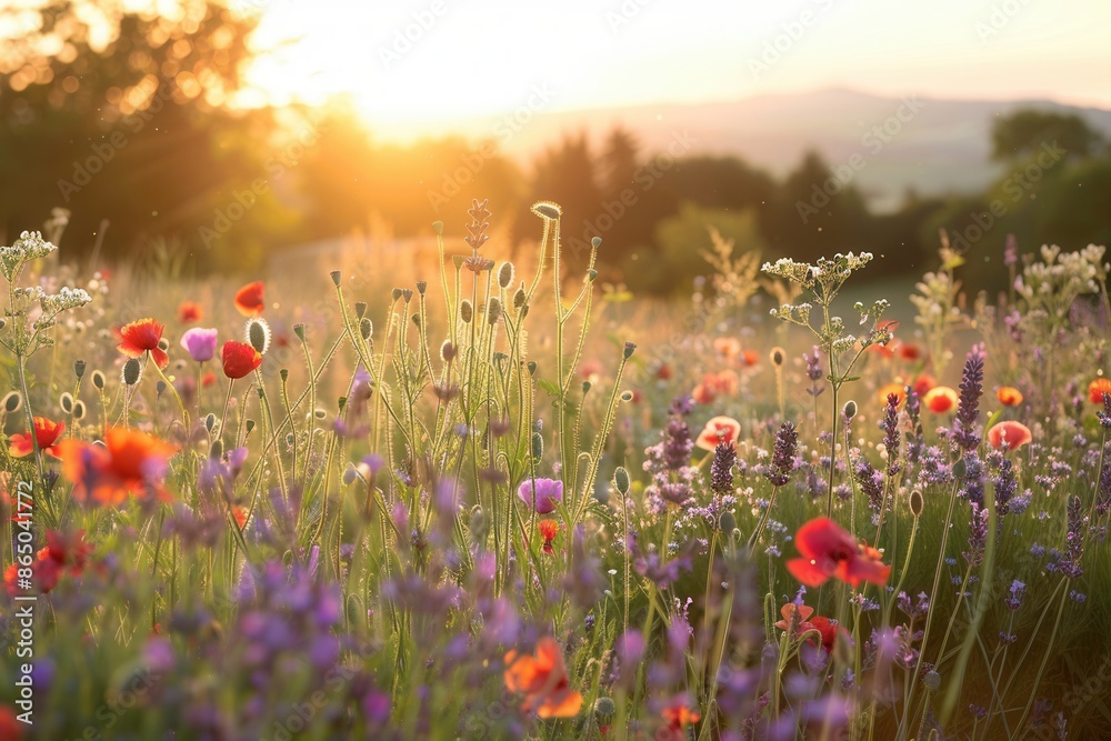 Aufkleber a field of colorful flowers, including poppies and lavender, are illuminated by the soft glow of the
