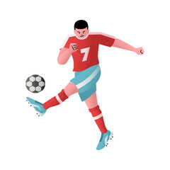 soccer player is shooting the ball wearing a red and blue jersey