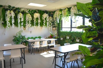 A room filled with numerous white tables and chairs, creating a serene atmosphere for learning, A tranquil classroom adorned with white plants and flowers