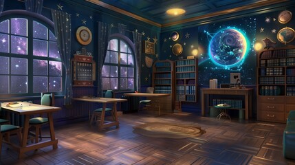 A celestial language school guest room with celestial-themed language school decor, celestial language lessons, interactive language workshops,