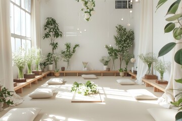 A room overflowing with various potted plants, creating a green oasis in a classroom setting, A tranquil classroom adorned with white plants and flowers