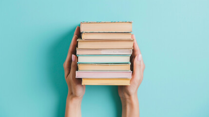 Fototapeta premium Female hands many books on light blue background. Education, self-learning, book swap, hobby, relax time