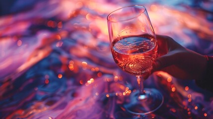 Hand holding a glass of rose wine with bokeh lights.