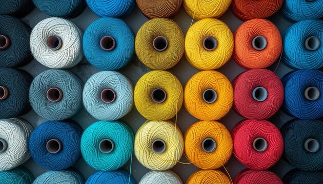 A vibrant collection of colored thread spools neatly organized on a shelf for textile and craft use