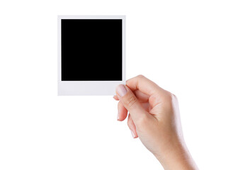 Hand holding blank photo frame on isolated white background