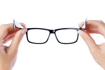 Woman hands holding black eyeglasses