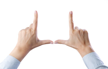 Two hands make frame shape. Woman hands gesturing isolated on white background