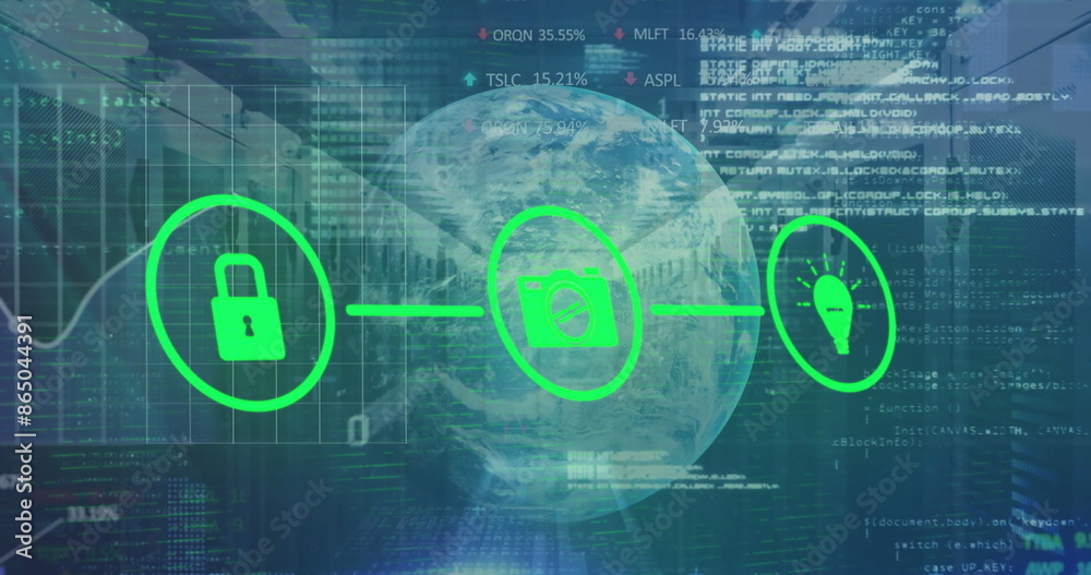 Poster image of network of connections with icons and data processing with globe over server room