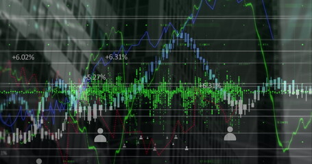 Image of financial data processing and icons over cityscape